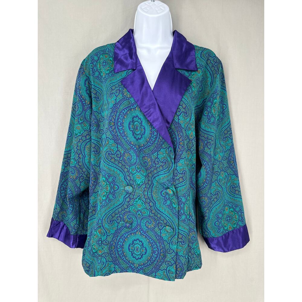 Vintage Victorias Secret Top Womens Medium Green Paisley Gold Label Satin Button
